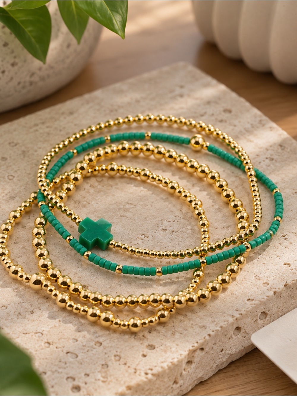 Enewton Gold and Green Beaded Multi-Strand Cross Bracelet Set